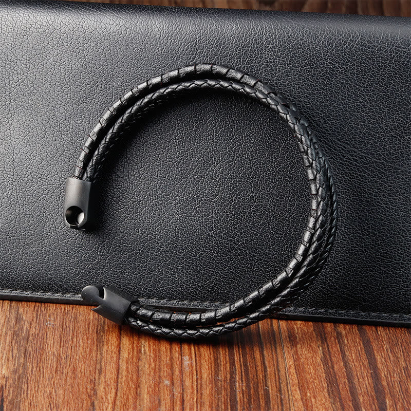 Bracelet en cuir multicouche renforcé en acier titane avec motif tressé simple et Buddha Stones