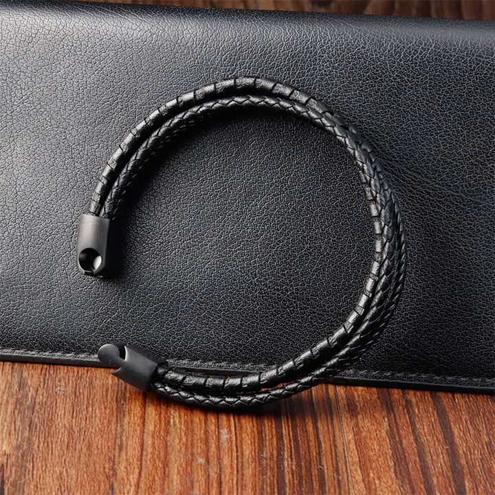 Bracelet en cuir multicouche renforcé en acier titane avec motif tressé simple et Buddha Stones