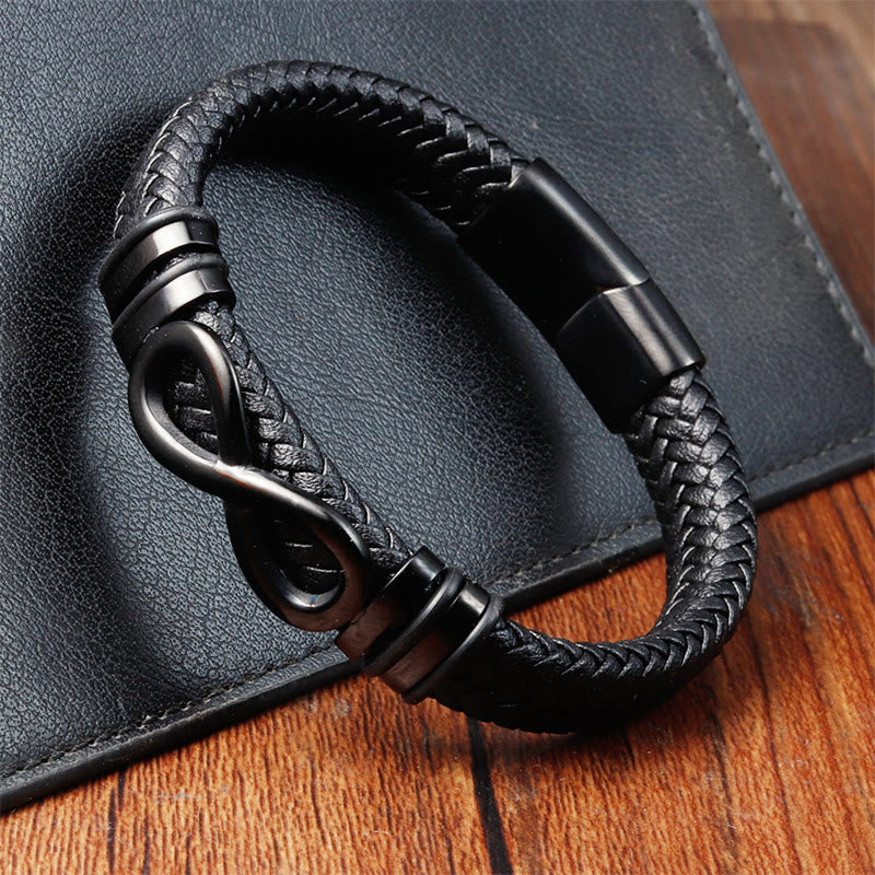 Bracelet en cuir tressé renforcé avec boucle en acier titane et Buddha Stones