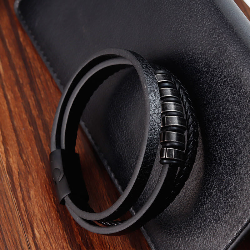 Bracelet simple en acier titane tressé à trois couches avec boucle en cuir et Buddha Stones