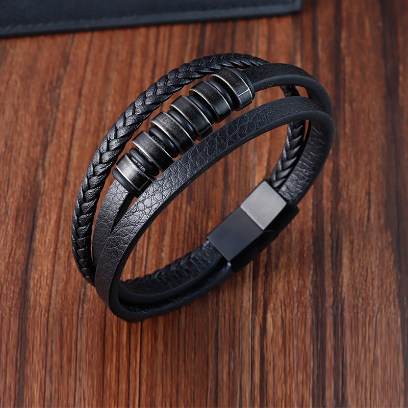 Bracelet simple en acier titane tressé à trois couches avec boucle en cuir et Buddha Stones