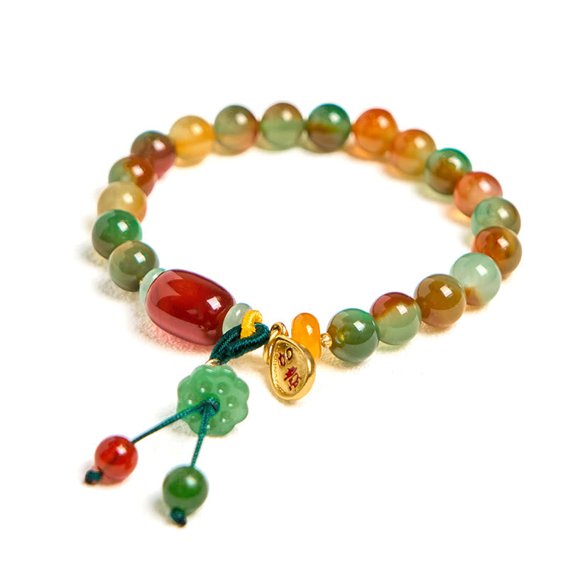 Bracelet de courage en Buddha Stones naturelles colorées en agate paon calcédoine Ruyi As One Wishes
