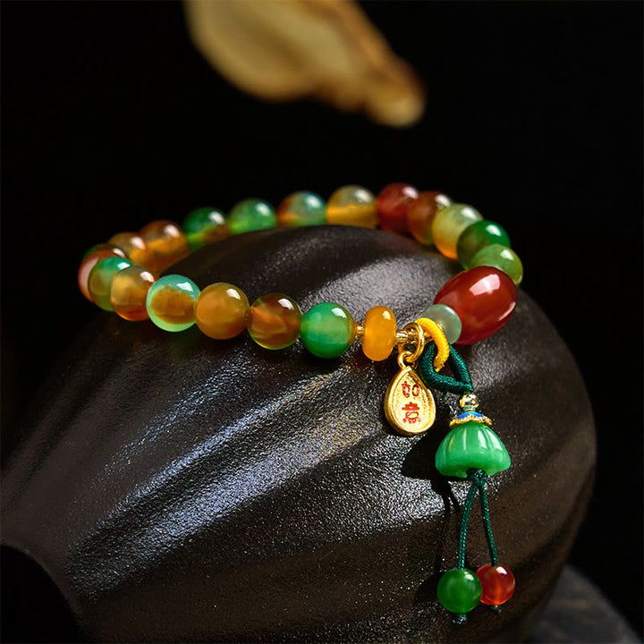 Bracelet de courage en Buddha Stones naturelles colorées en agate paon calcédoine Ruyi As One Wishes