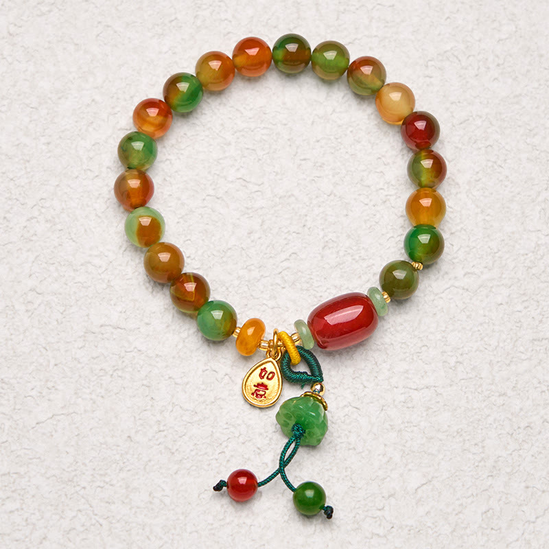 Bracelet de courage en Buddha Stones naturelles colorées en agate paon calcédoine Ruyi As One Wishes