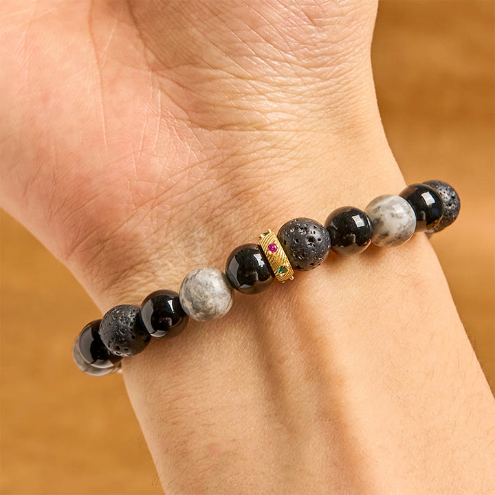 Bracelet de guérison en Buddha Stones de lave, onyx noir, jaspe Picasso