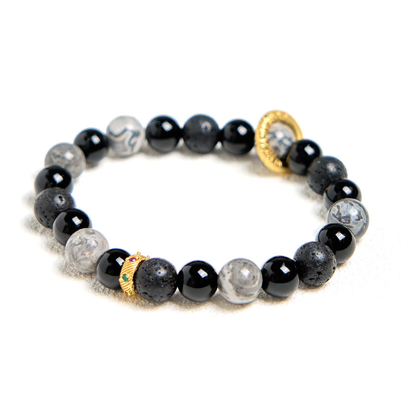 Bracelet de guérison en Buddha Stones de lave, onyx noir, jaspe Picasso