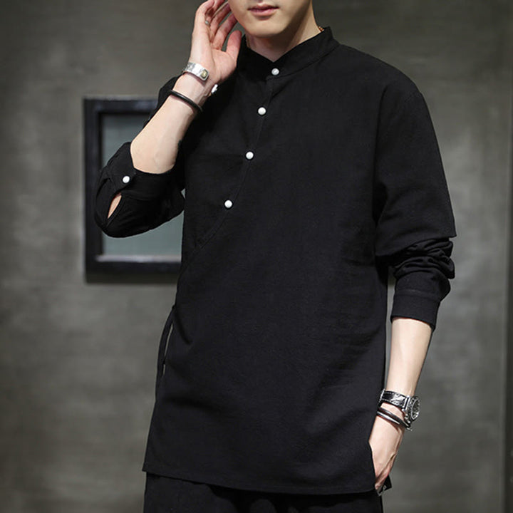 Chemise à manches longues en coton et lin pour homme, motif Buddha Stones, à lacets et boutons simples - image 3