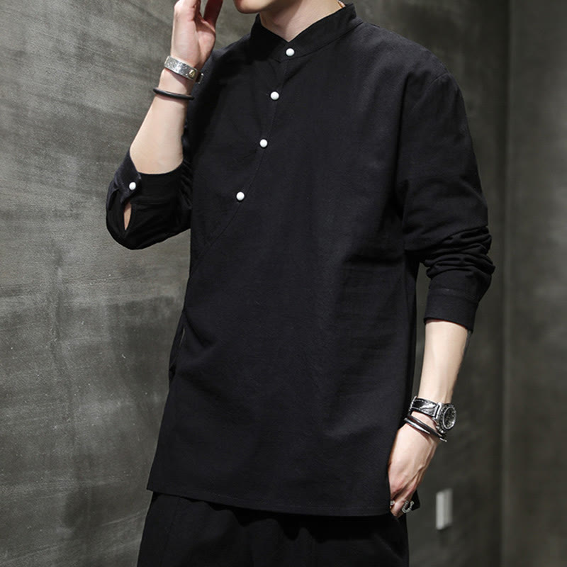 Chemise à manches longues en coton et lin pour homme, motif Buddha Stones, à lacets et boutons simples - image 1