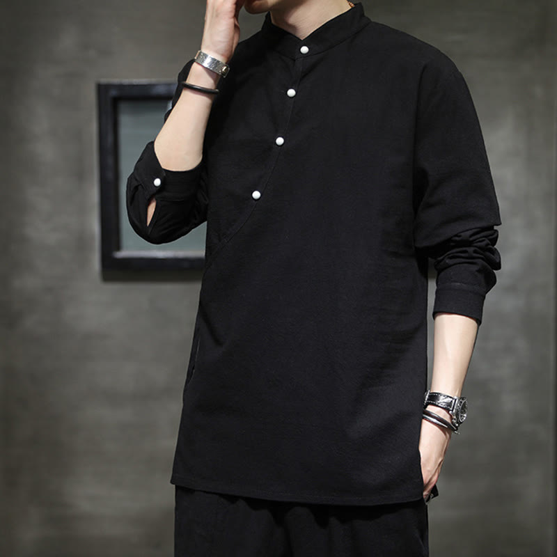 Chemise à manches longues en coton et lin pour homme, motif Buddha Stones, à lacets et boutons simples - image 6