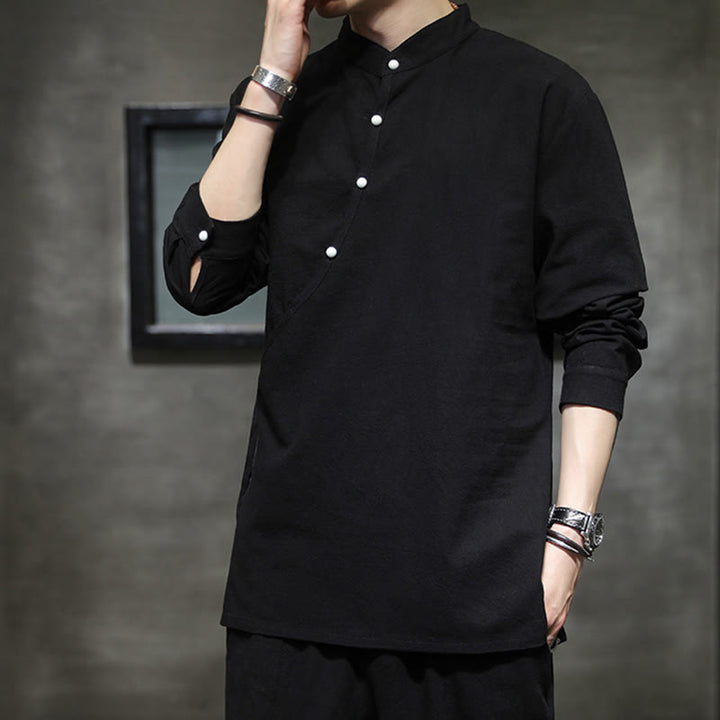 Chemise à manches longues en coton et lin pour homme, motif Buddha Stones, à lacets et boutons simples - image 6