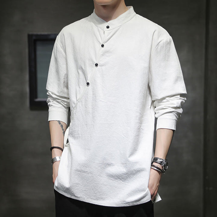 Chemise à manches longues en coton et lin pour homme, motif Buddha Stones, à lacets et boutons simples - image 17