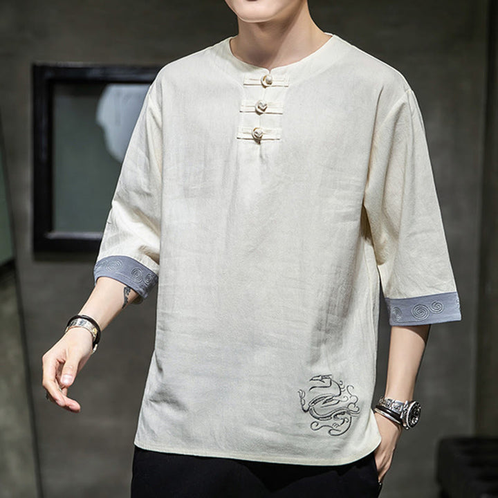 Chemise d'été en coton et lin à manches courtes et col ras du cou pour homme, broderie Buddha Stones , boutons grenouille unis - image 13