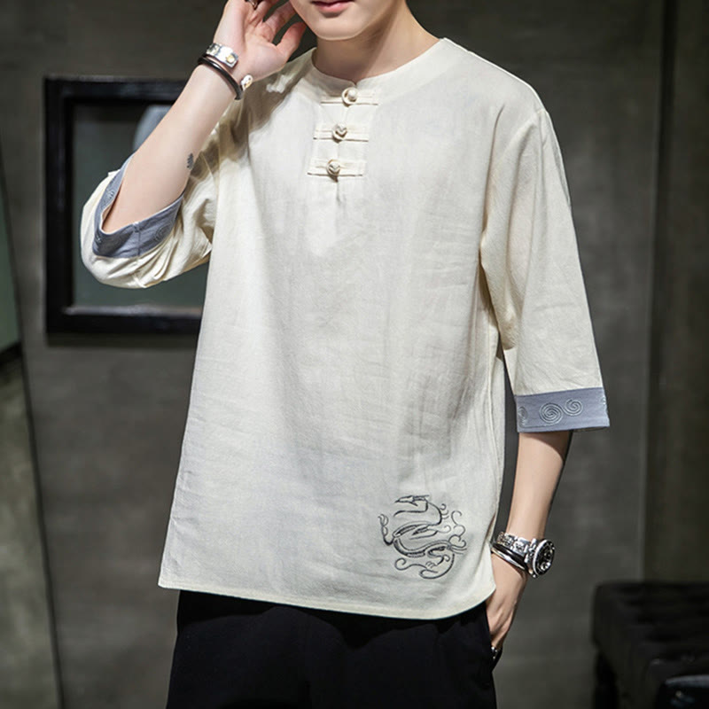 Chemise d'été en coton et lin à manches courtes et col ras du cou pour homme, broderie Buddha Stones , boutons grenouille unis - image 14