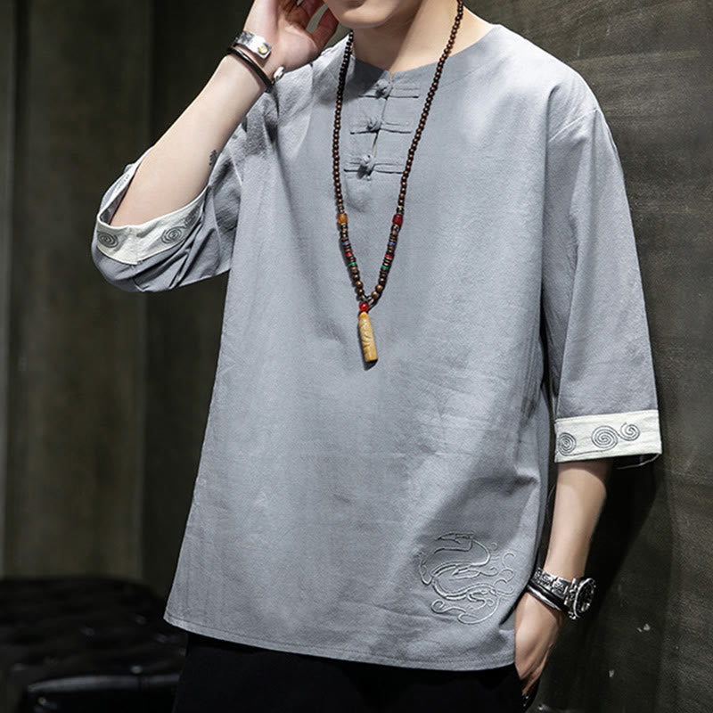 Chemise d'été en coton et lin à manches courtes et col ras du cou pour homme, broderie Buddha Stones , boutons grenouille unis - image 7