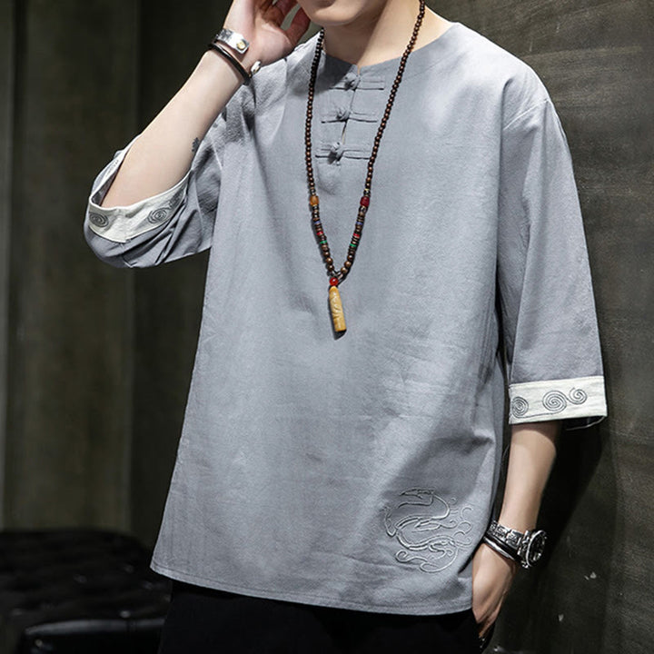 Chemise d'été en coton et lin à manches courtes et col ras du cou pour homme, broderie Buddha Stones , boutons grenouille unis - image 7