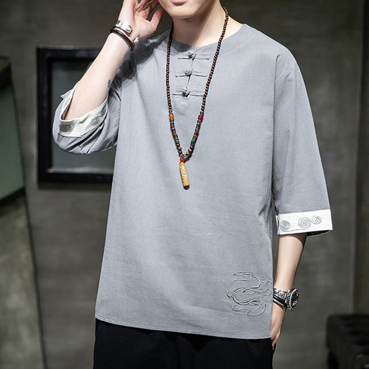 Chemise d'été en coton et lin à manches courtes et col ras du cou pour homme, broderie Buddha Stones , boutons grenouille unis - image 3