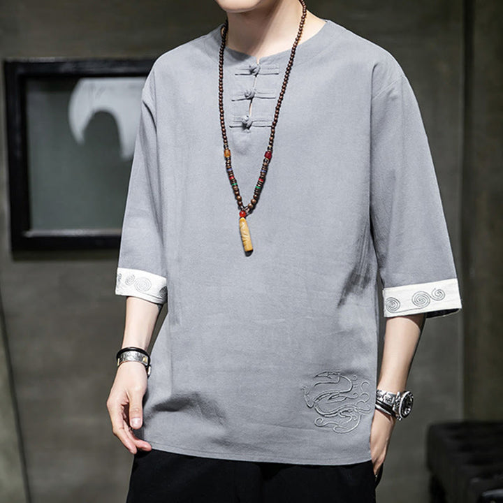 Chemise d'été en coton et lin à manches courtes et col ras du cou pour homme, broderie Buddha Stones , boutons grenouille unis - image 1