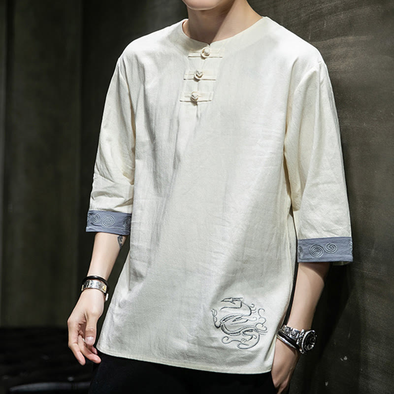 Chemise d'été en coton et lin à manches courtes et col ras du cou pour homme, broderie Buddha Stones , boutons grenouille unis - image 17
