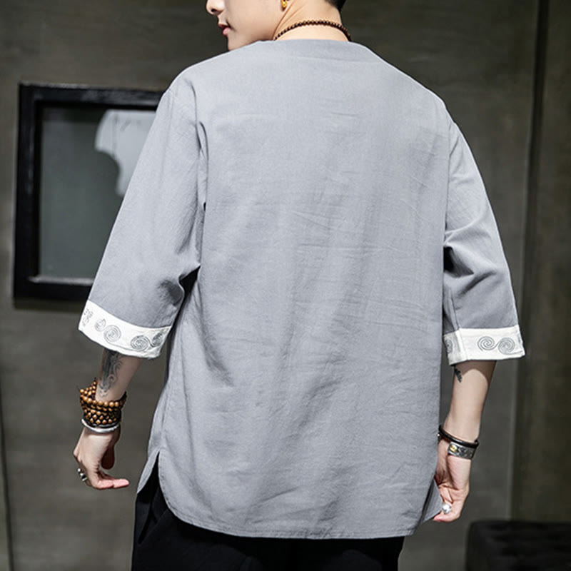 Chemise d'été en coton et lin à manches courtes et col ras du cou pour homme, broderie Buddha Stones , boutons grenouille unis - image 6