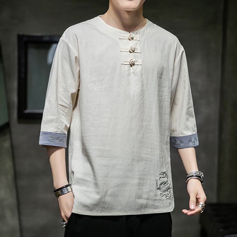 Chemise d'été en coton et lin à manches courtes et col ras du cou pour homme, broderie Buddha Stones , boutons grenouille unis - image 16