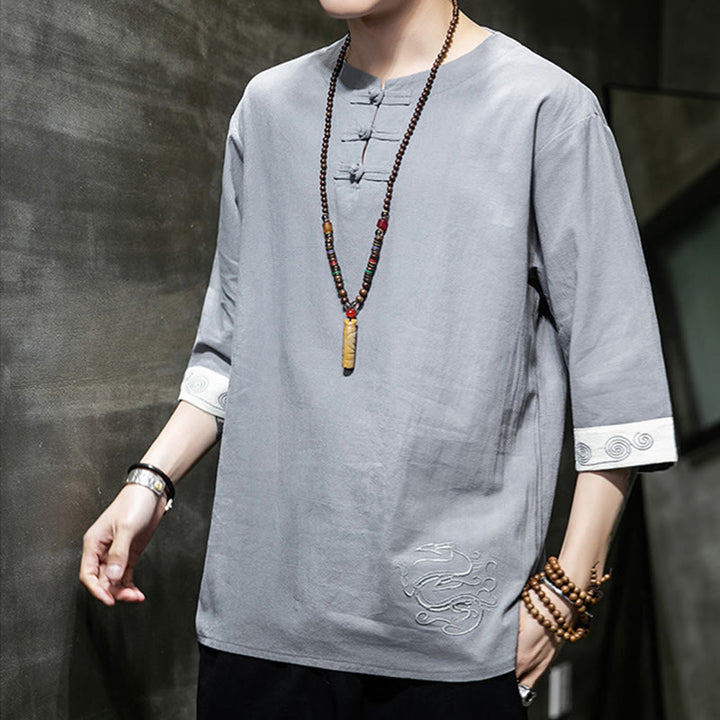 Chemise d'été en coton et lin à manches courtes et col ras du cou pour homme, broderie Buddha Stones , boutons grenouille unis - image 8