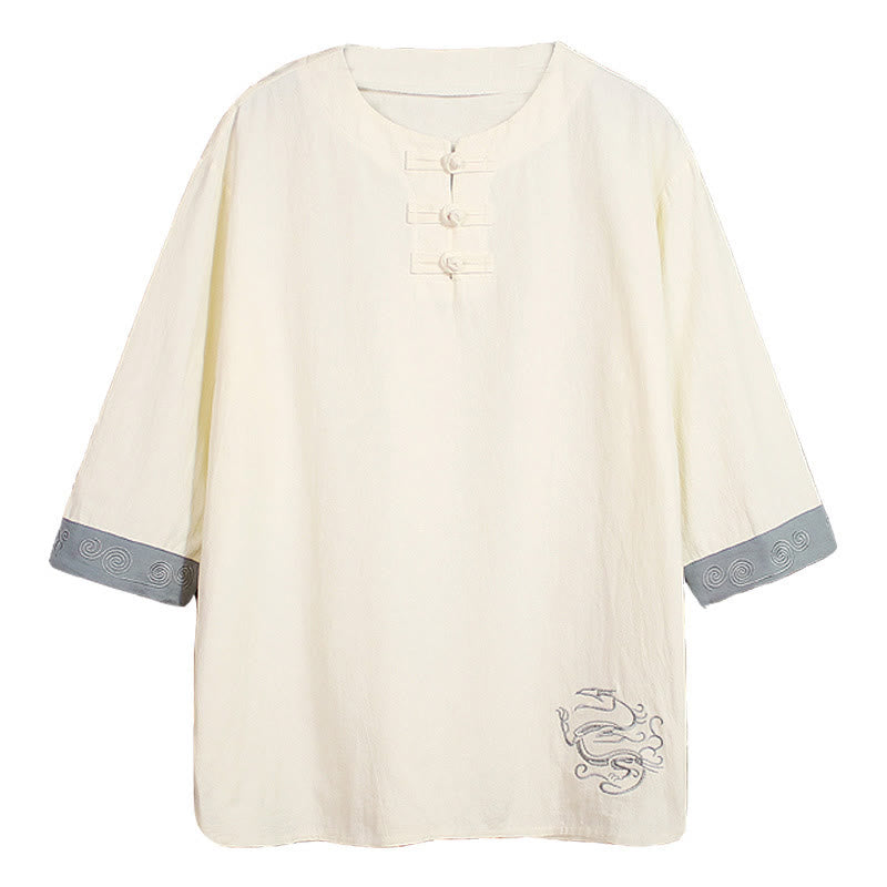 Chemise d'été en coton et lin à manches courtes et col ras du cou pour homme, broderie Buddha Stones , boutons grenouille unis - image 18