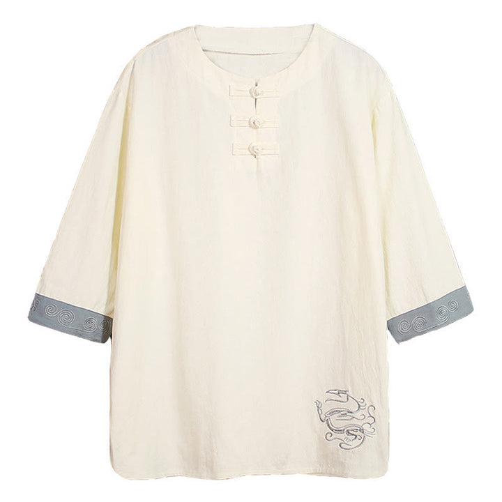 Chemise d'été en coton et lin à manches courtes et col ras du cou pour homme, broderie Buddha Stones , boutons grenouille unis - image 18