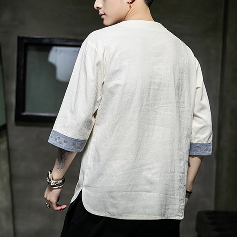 Chemise d'été en coton et lin à manches courtes et col ras du cou pour homme, broderie Buddha Stones , boutons grenouille unis - image 15