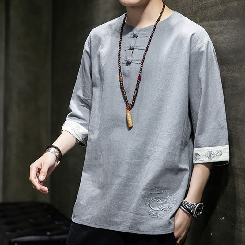 Chemise d'été en coton et lin à manches courtes et col ras du cou pour homme, broderie Buddha Stones , boutons grenouille unis - image 5