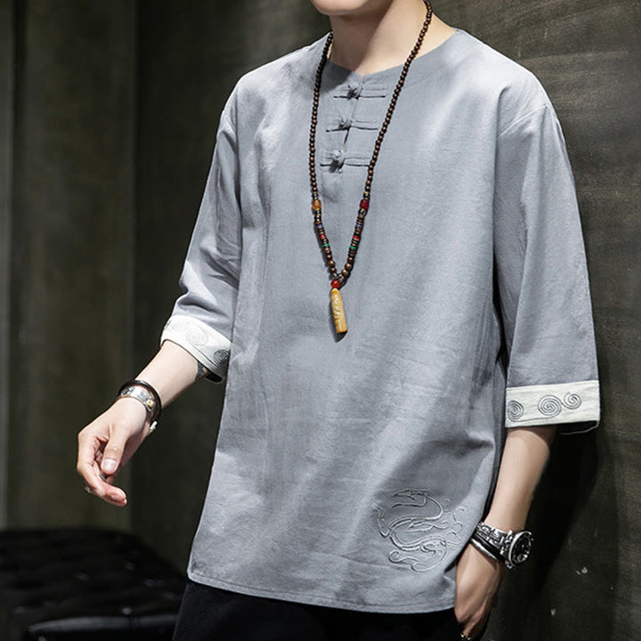 Chemise d'été en coton et lin à manches courtes et col ras du cou pour homme, broderie Buddha Stones , boutons grenouille unis - image 5