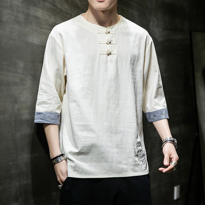 Chemise d'été en coton et lin à manches courtes et col ras du cou pour homme, broderie Buddha Stones , boutons grenouille unis - image 12