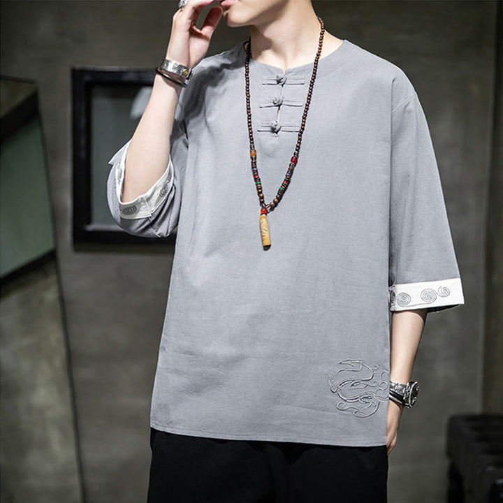 Chemise d'été en coton et lin à manches courtes et col ras du cou pour homme, broderie Buddha Stones , boutons grenouille unis - image 4