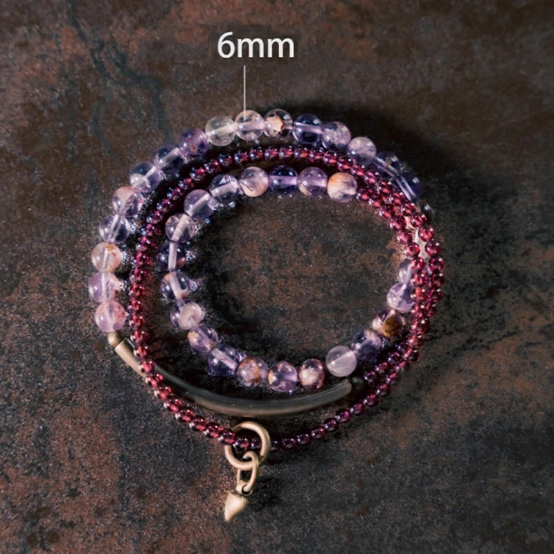 Bracelet d'équilibre multicouche rétro Buddha Stones, améthyste 6 mm et grenat 4 mm