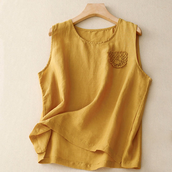 Buddha Stones décontracté en coton et lin pour femme, motif patchwork de broderies de couleur pure, sans manches, col ras du cou - Or - US12,UK/AU16,EU44 (3XL) - image 0