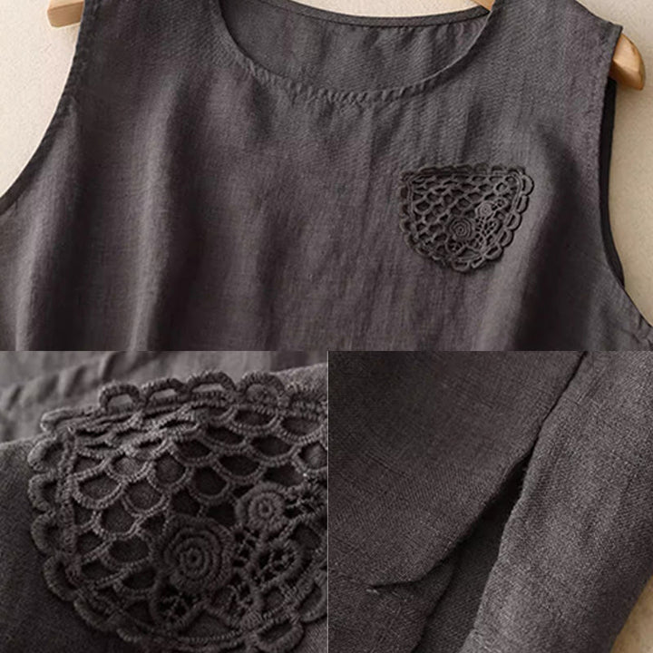 Buddha Stones décontracté en coton et lin pour femme, motif patchwork de broderies de couleur pure, sans manches, col ras du cou - image 18