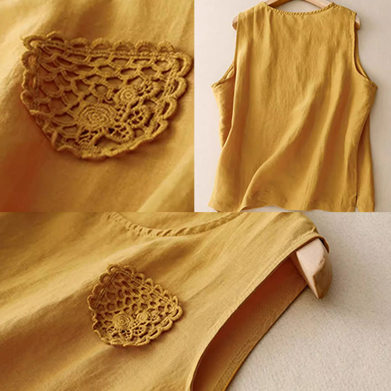 Buddha Stones décontracté en coton et lin pour femme, motif patchwork de broderies de couleur pure, sans manches, col ras du cou - image 6