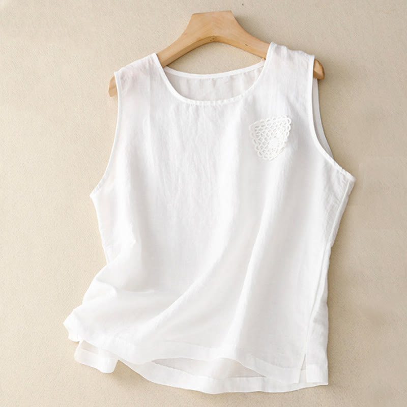 Buddha Stones décontracté en coton et lin pour femme, motif patchwork de broderies de couleur pure, sans manches, col ras du cou - Blanc - US12,UK/AU16,EU44 (3XL) - image 19