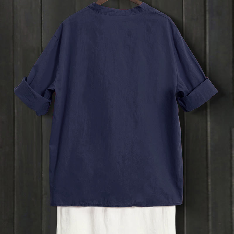 Chemise d'été décontractée en coton et lin pour femme, col cranté, manches courtes, motif Buddha Stones - image 1