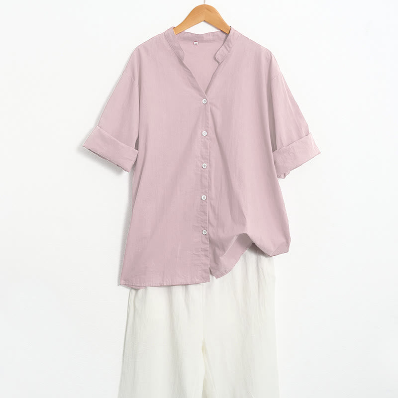 Chemise d'été décontractée en coton et lin pour femme, col cranté, manches courtes, motif Buddha Stones - image 41
