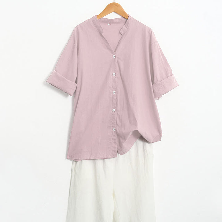 Chemise d'été décontractée en coton et lin pour femme, col cranté, manches courtes, motif Buddha Stones - image 41