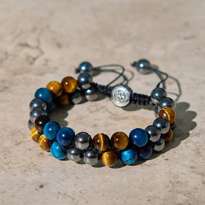 Bracelet de force à double rangée de Buddha Stones en œil de tigre bleu naturel et magnétite noire, motif Om