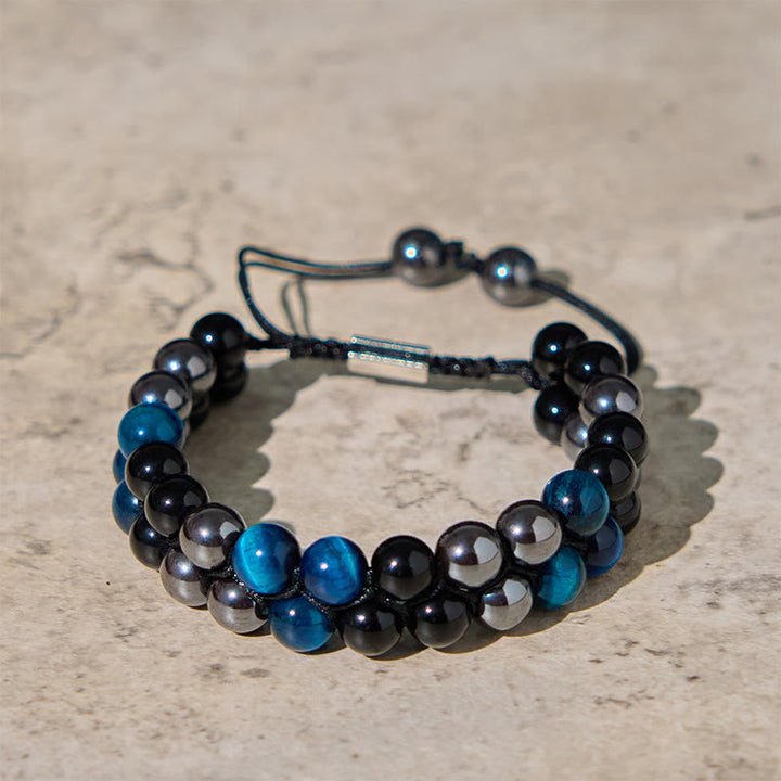 Bracelet de protection à double rangée de Buddha Stones en obsidienne noire et magnétite noire, œil de tigre bleu naturel