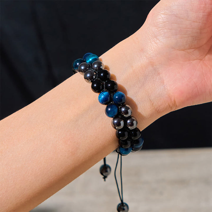 Bracelet de protection à double rangée de Buddha Stones en obsidienne noire et magnétite noire, œil de tigre bleu naturel