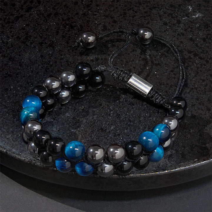 Bracelet de protection à double rangée de Buddha Stones en obsidienne noire et magnétite noire, œil de tigre bleu naturel