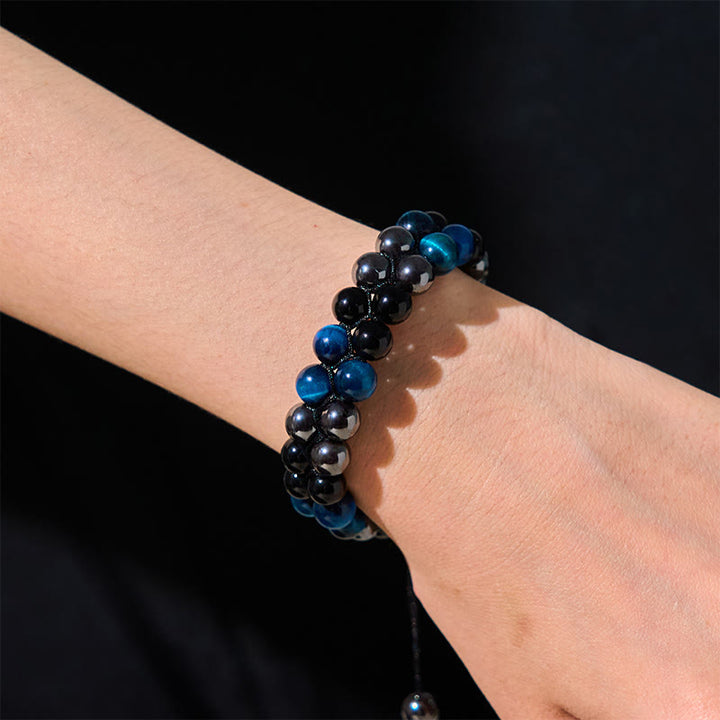 Bracelet de protection à double rangée de Buddha Stones en obsidienne noire et magnétite noire, œil de tigre bleu naturel