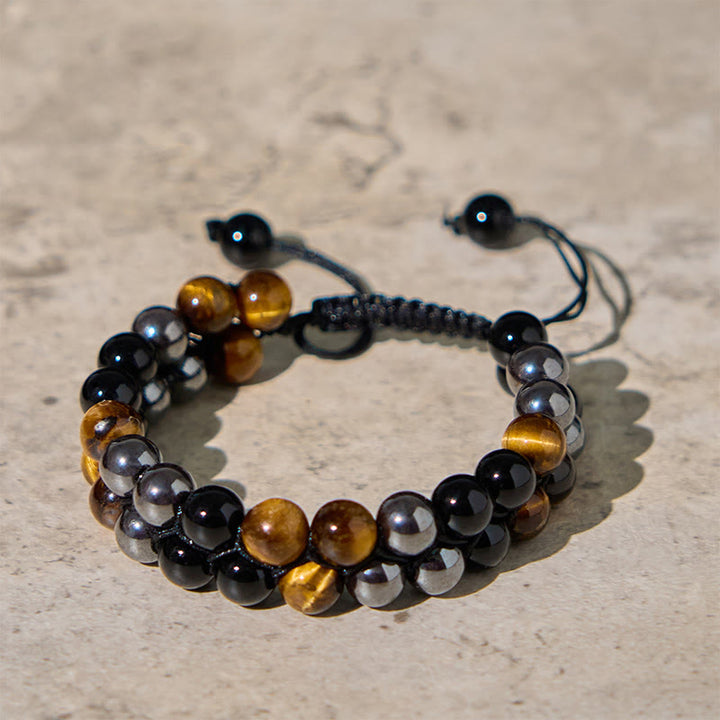 Bracelet de protection à double rangée de perles en onyx noir et magnétite noire, œil de tigre naturel et Buddha Stones