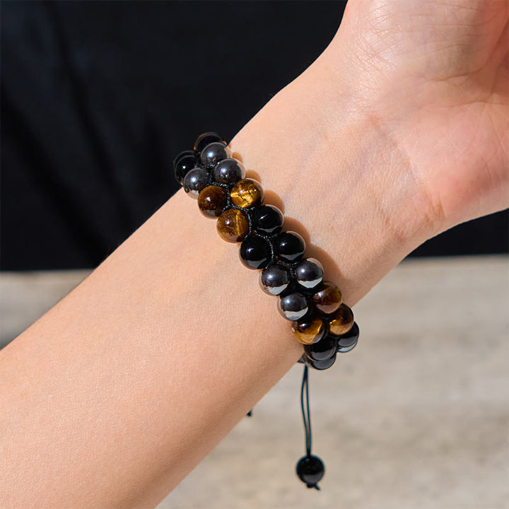 Bracelet de protection à double rangée de perles en onyx noir et magnétite noire, œil de tigre naturel et Buddha Stones