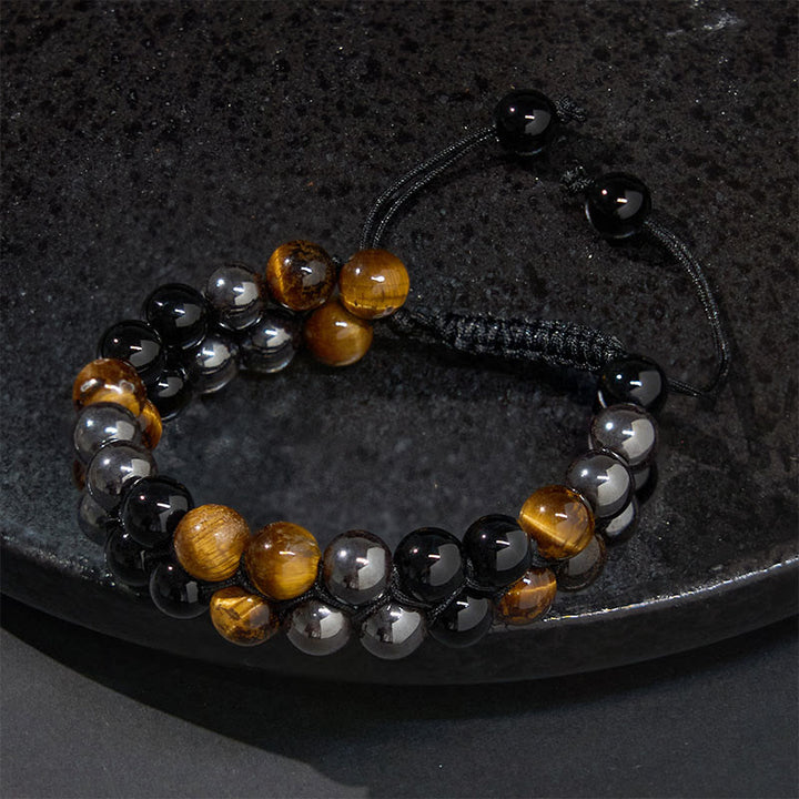 Bracelet de protection à double rangée de perles en onyx noir et magnétite noire, œil de tigre naturel et Buddha Stones