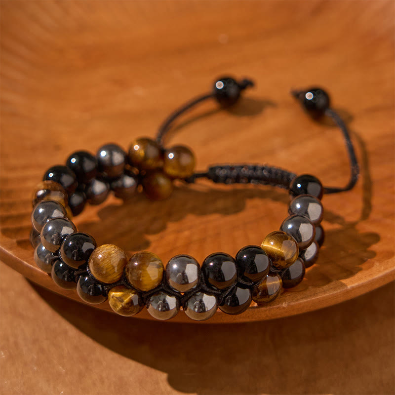 Bracelet de protection à double rangée de perles en onyx noir et magnétite noire, œil de tigre naturel et Buddha Stones