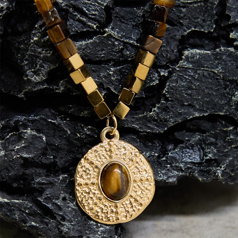Buddha Stones pendentif en acier titane et pierre naturelle œil de tigre carré de protection